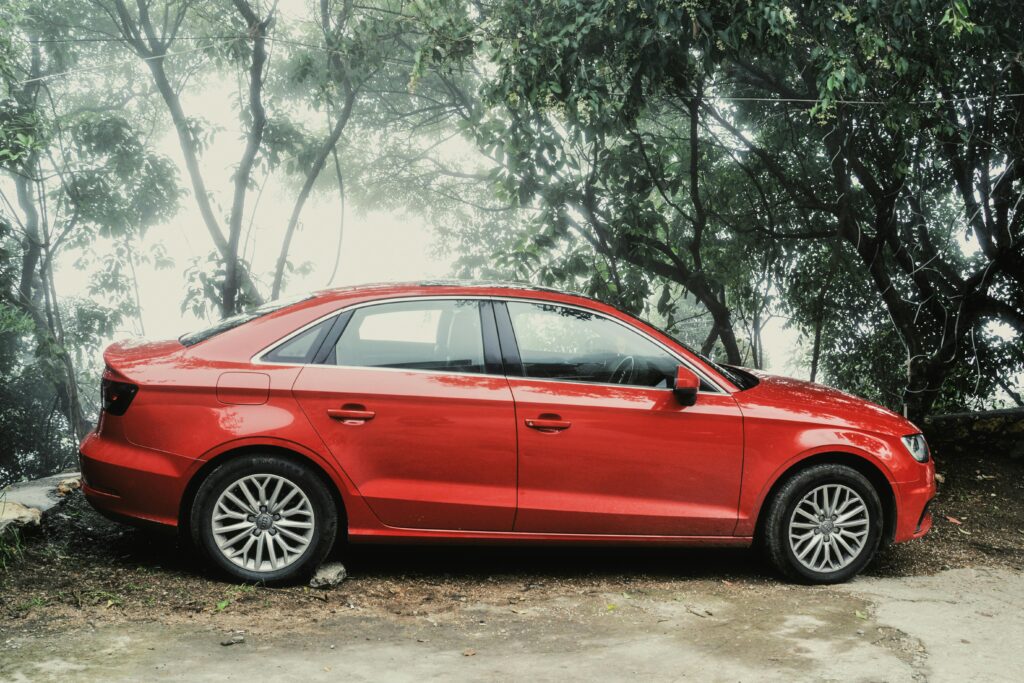 A vibrant red sedan parked amidst lush greenery on a foggy day, showcasing elegance.